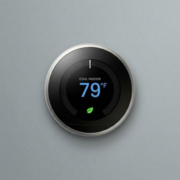 A modern smart thermostat with a clear digital display shows a low temperature setting.