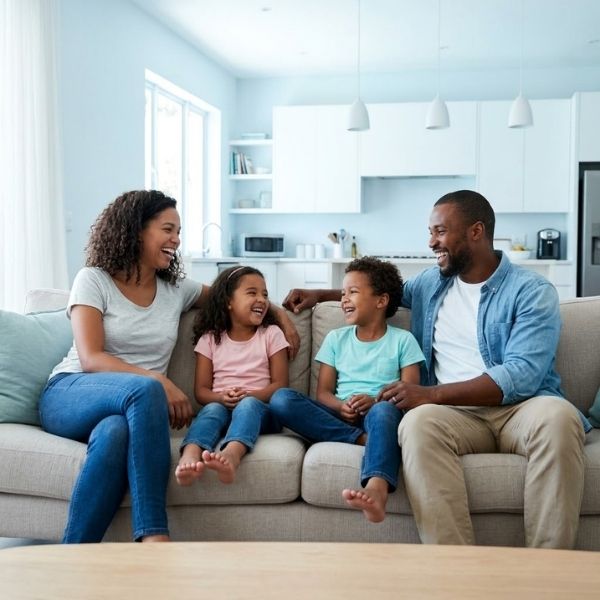 A multi-generational family relaxes comfortably on a couch in a brightly lit, cool living room.