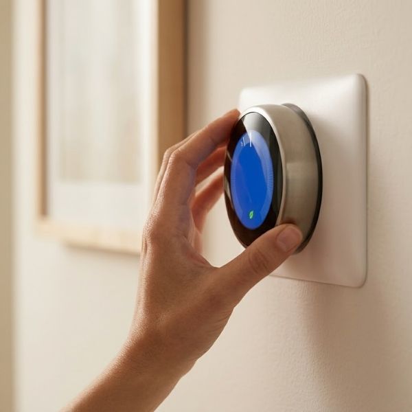 A hand gently turns the outer ring of a round smart thermostat with a glowing blue digital display, mounted on a cream-colored wall.