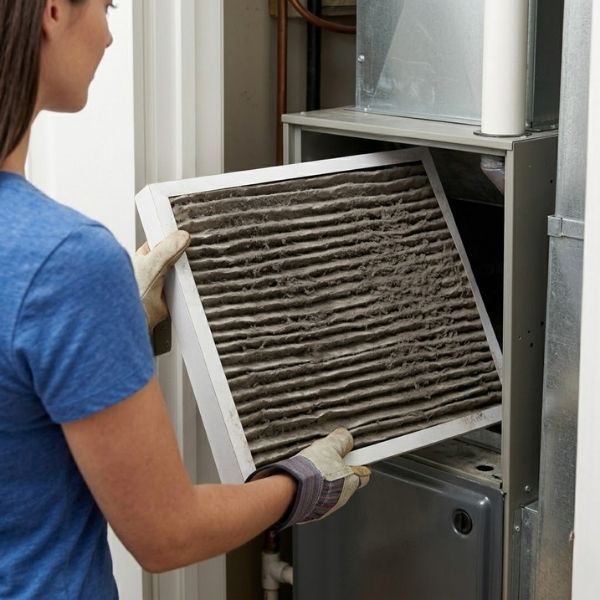 A gloved hand pulls a heavily clogged, grey and dusty air filter from a metal slot within a furnace unit.