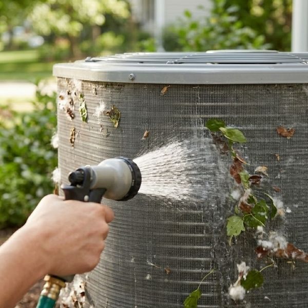 A hand uses a garden hose nozzle to spray water directly onto the metal fins of an outdoor AC condenser unit, washing away accumulated dirt and cottonwood fluff in natural daylight.