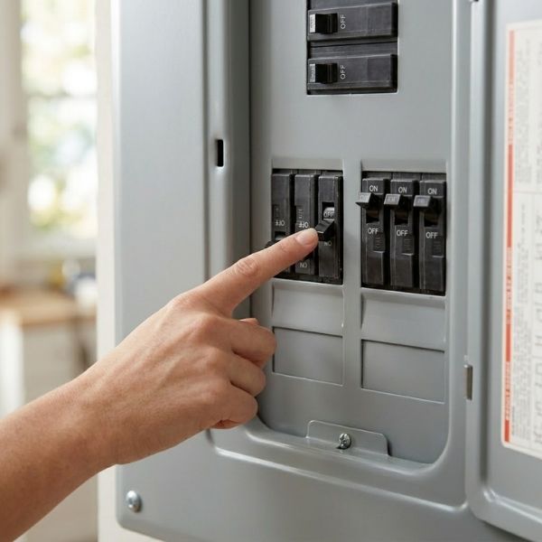 A hand reaches into an open grey electrical panel to flip a single circuit breaker switch that has tripped to the off position.